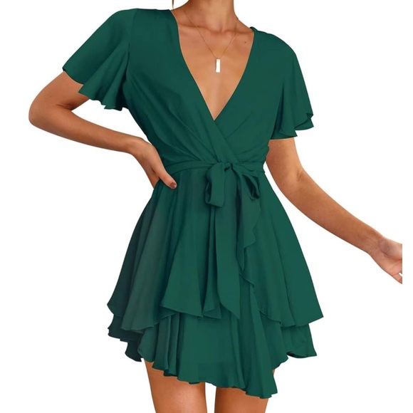 Bonkwa Tiered Ruffle Hem Tie Waist Wrap V Neck Flutter Sleeve Dress Dark Green - Picture 1 of 10